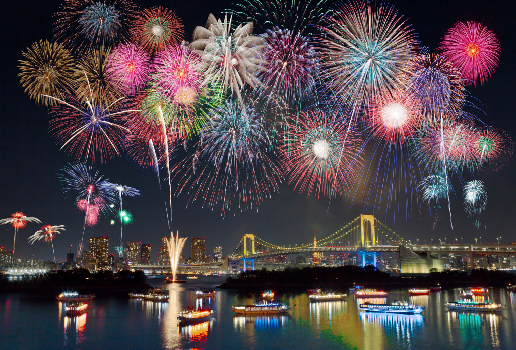 Festival de fogos de artifício de Odaiba, Tóquio, Japão jigsaw puzzle in Pontes puzzles on TheJigsawPuzzles.com