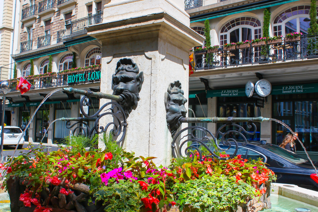 Fountain on the Street of Geneva, Switzerland jigsaw puzzle in Waterfalls puzzles on TheJigsawPuzzles.com