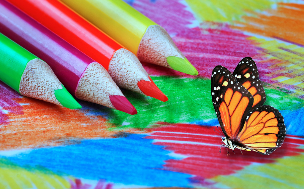 Butterfly, Pencils and Drawing on Paper jigsaw puzzle in Macro puzzles on TheJigsawPuzzles.com