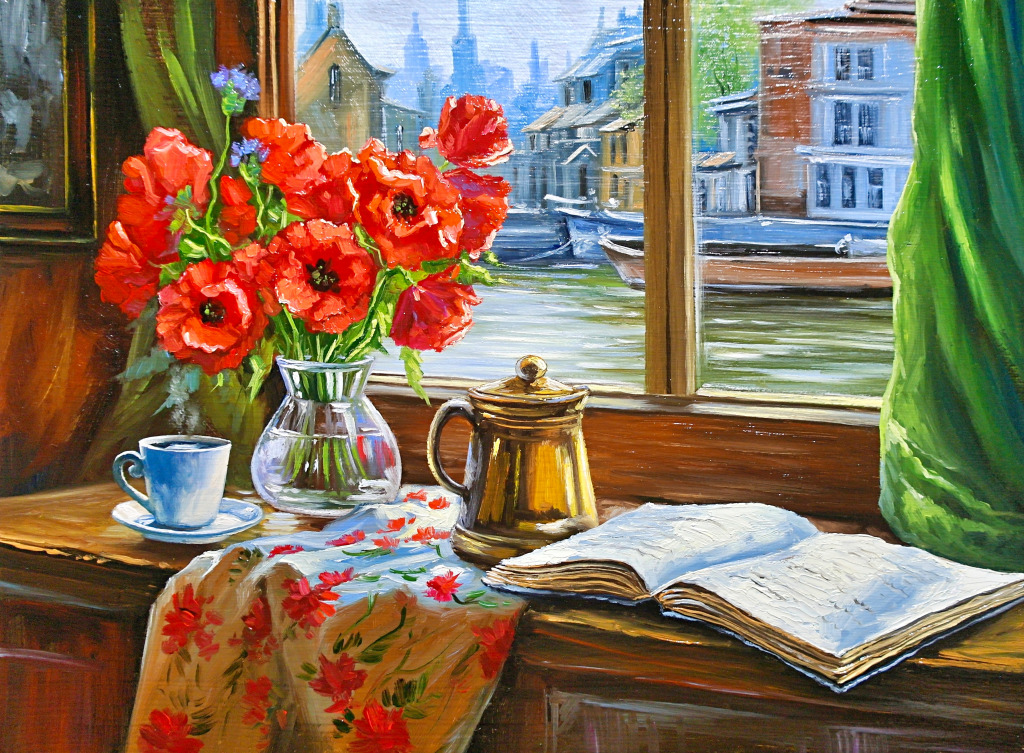 Poppies in a Vase, a Book and a Cup of Coffee jigsaw puzzle in Puzzle of the Day puzzles on TheJigsawPuzzles.com