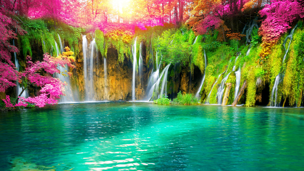 Waterfall and Panorama of Plitvice Lakes jigsaw puzzle in Puzzle of the Day puzzles on TheJigsawPuzzles.com