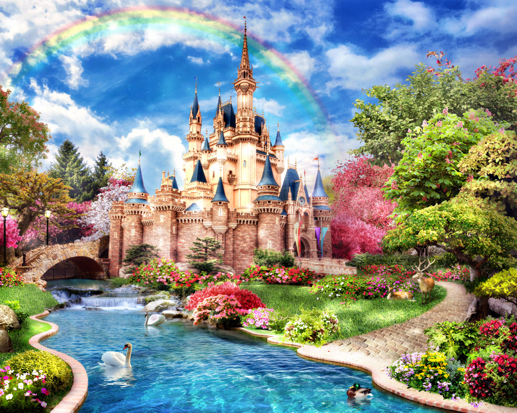 Castelo de conto de fadas com lagoa e cisnes jigsaw puzzle in Quebra-Cabeça do Dia puzzles on TheJigsawPuzzles.com