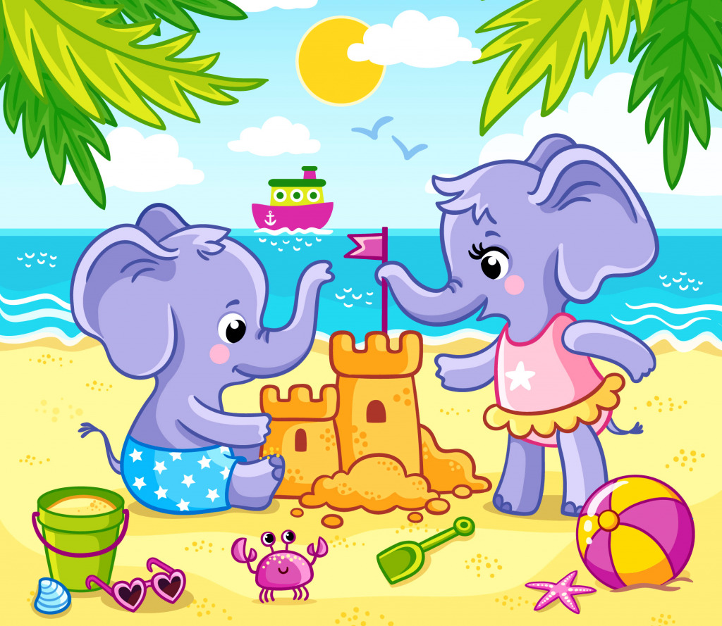 Cute Elephants Building a Sand Castle jigsaw puzzle in Castles puzzles on TheJigsawPuzzles.com