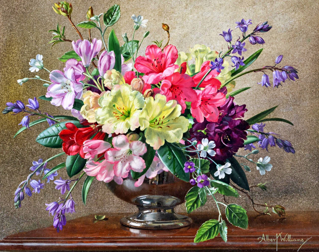 Still Life of Flowers in a Vase on a Table jigsaw puzzle in Flowers puzzles on TheJigsawPuzzles.com