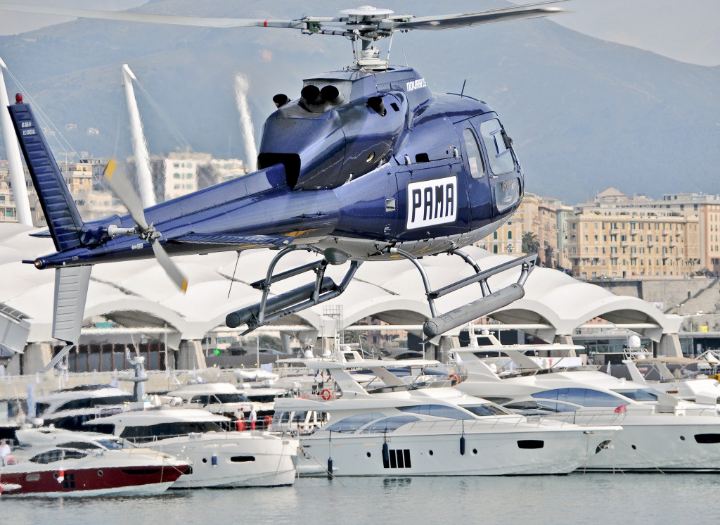 Transfert en hélicoptère au salon nautique de Gênes, Italie jigsaw puzzle in Aviation puzzles on TheJigsawPuzzles.com