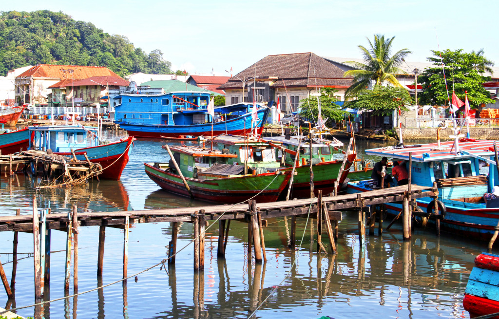 Bateaux de pêche colorés à l’ouest de Sumatra, Indonésie jigsaw puzzle in Ponts puzzles on TheJigsawPuzzles.com