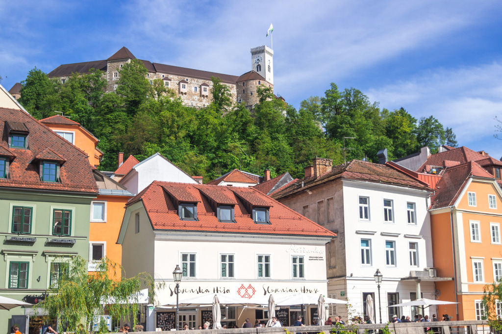 Blick auf die Burg von Ljubljana auf einem Hügel, Slowenien jigsaw puzzle in Schlösser puzzles on TheJigsawPuzzles.com