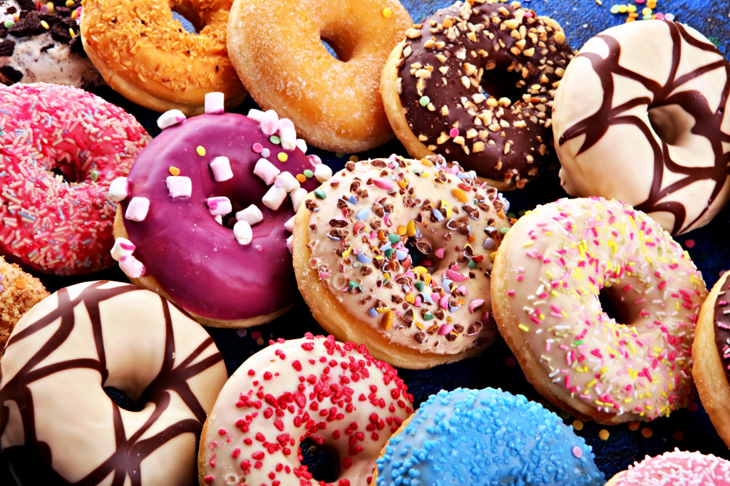 Assorted Glazed and Sprinkled Donuts jigsaw puzzle in Food & Bakery puzzles on TheJigsawPuzzles.com