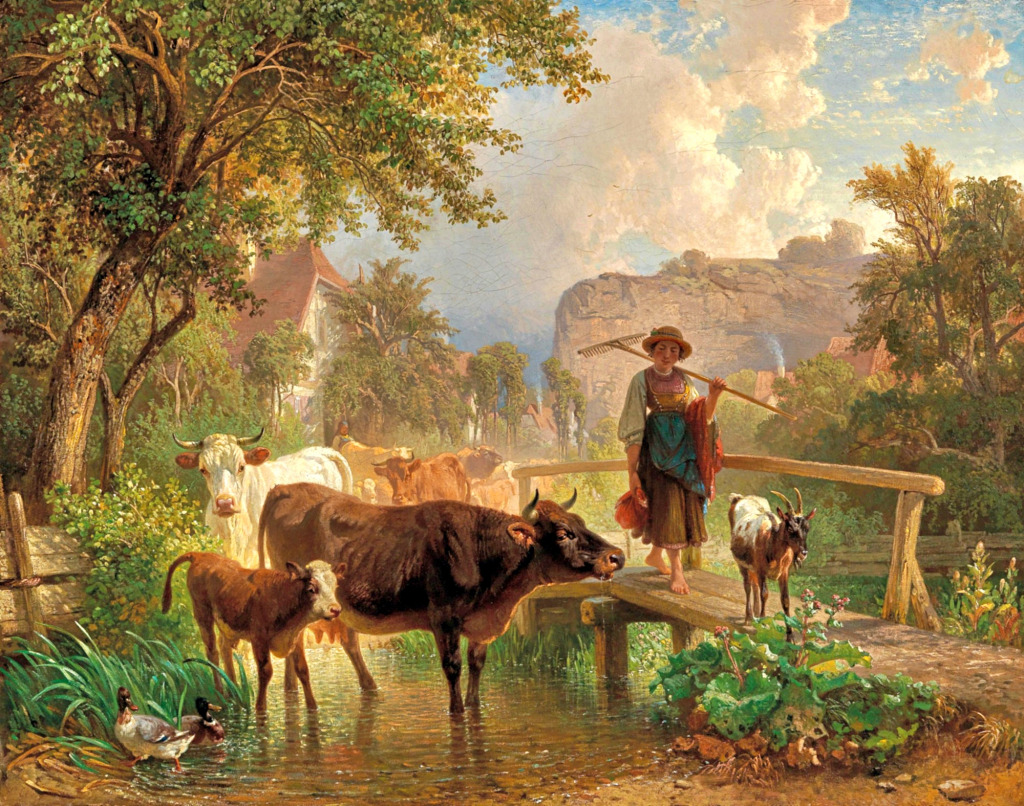 Farm Girl and Animals at the Cooling Stream jigsaw puzzle in Animals puzzles on TheJigsawPuzzles.com