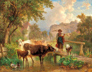 Farm Girl and Animals at the Cooling Stream