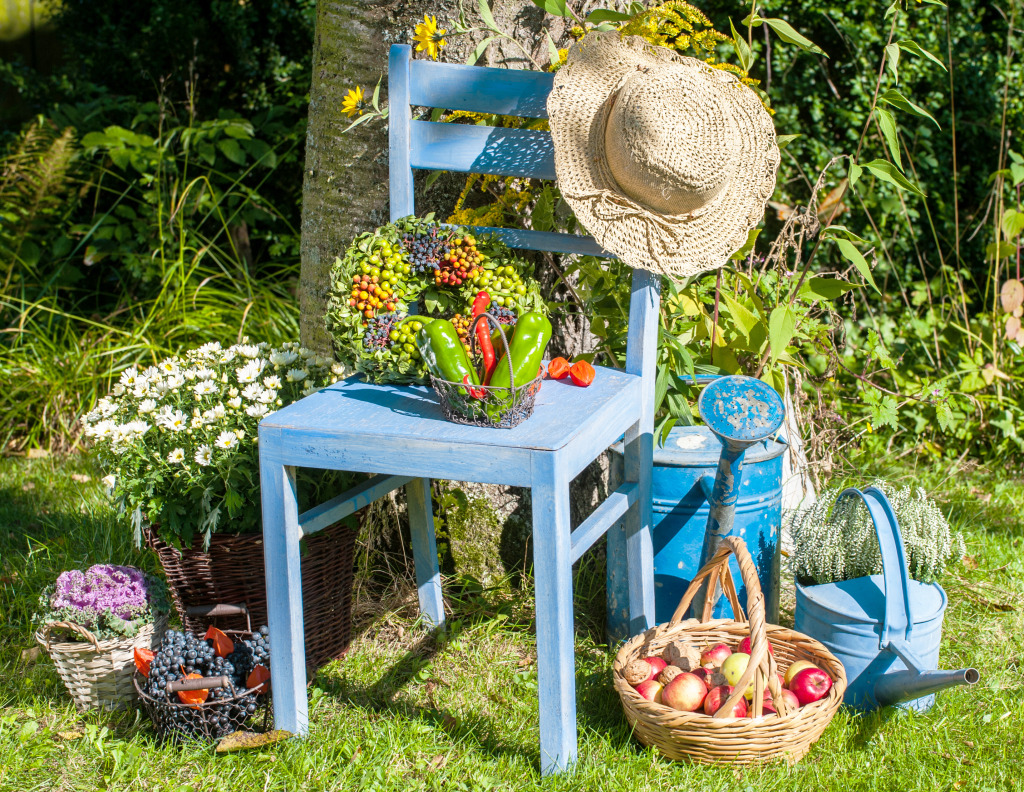 Idyllic Autumn with an Old Chair and Fruits jigsaw puzzle in Puzzle of the Day puzzles on TheJigsawPuzzles.com