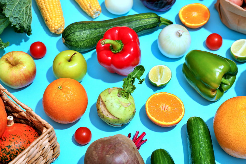 Vegetables and Fruits on a Blue Background jigsaw puzzle in Fruits & Veggies puzzles on TheJigsawPuzzles.com