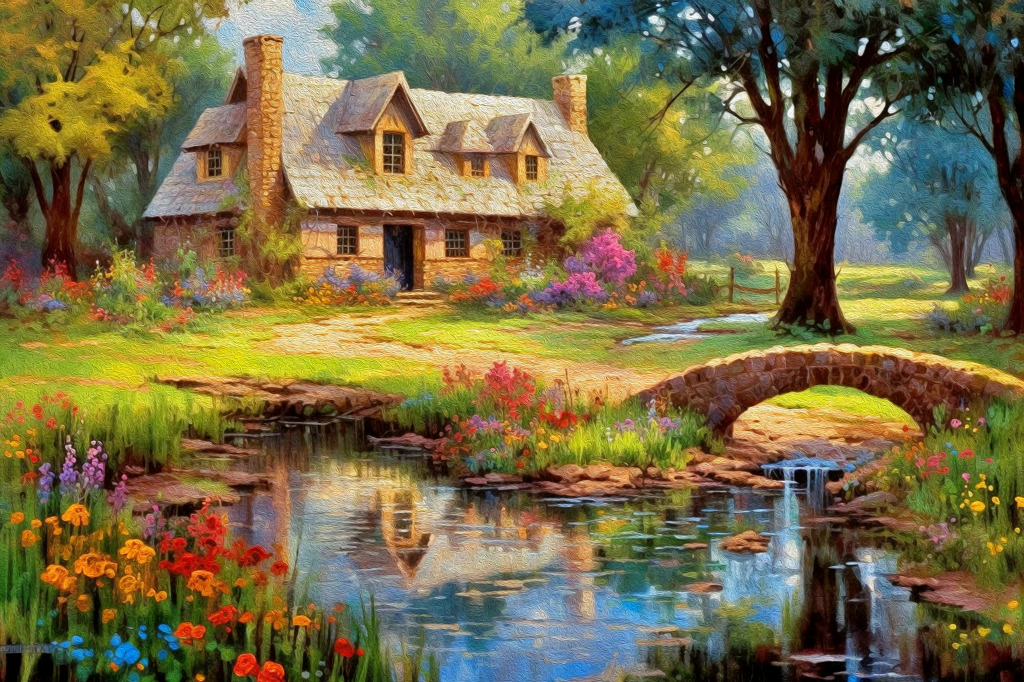 An Idyllic Cottage by a Creek jigsaw puzzle in Piece of Art puzzles on TheJigsawPuzzles.com