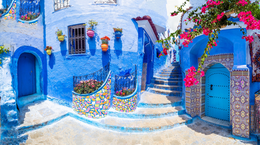 Erstaunliche Architektur von Chefchaouen, Marokko jigsaw puzzle in Straßenansicht puzzles on TheJigsawPuzzles.com