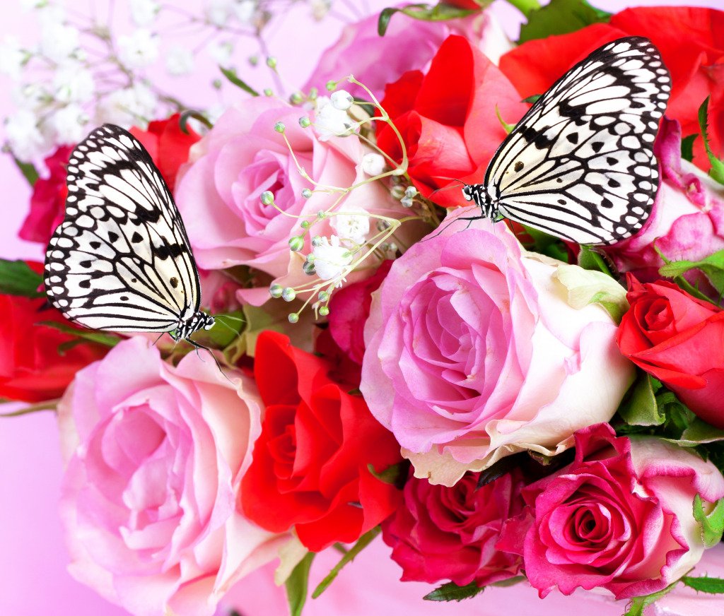 Bouquet of Roses with Two Butterflies jigsaw puzzle in Flowers puzzles on TheJigsawPuzzles.com