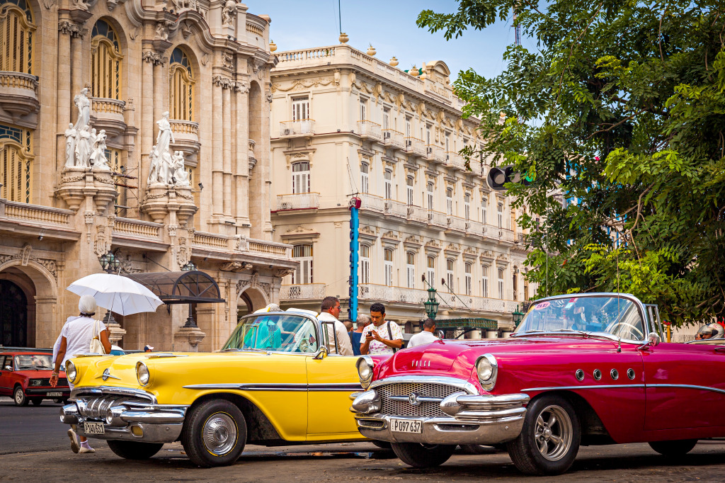 Vintage Cars in front of Colonial Buildings, Cuba jigsaw puzzle in Cars & Bikes puzzles on TheJigsawPuzzles.com