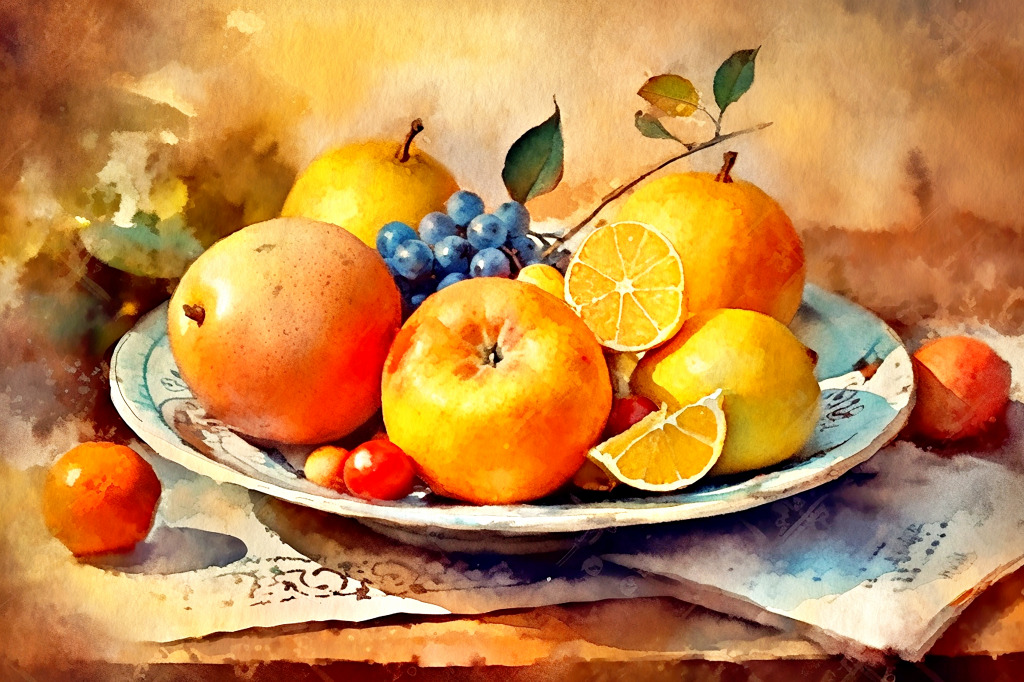 Plate of Fruits on the Table, Watercolor jigsaw puzzle in Fruits & Veggies puzzles on TheJigsawPuzzles.com