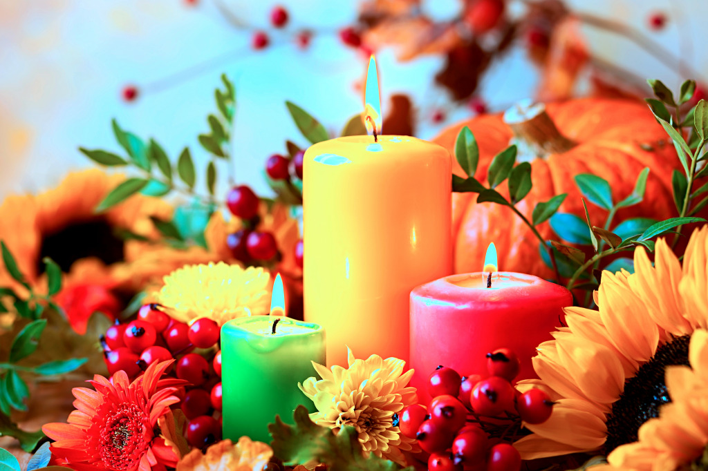 Autumn Composition with Candles and Flowers jigsaw puzzle in Flowers puzzles on TheJigsawPuzzles.com