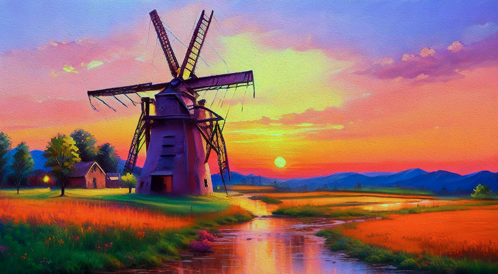 coucher de soleil coloré et un moulin à vent, peinture à l’huile jigsaw puzzle in Puzzle du jour puzzles on TheJigsawPuzzles.com