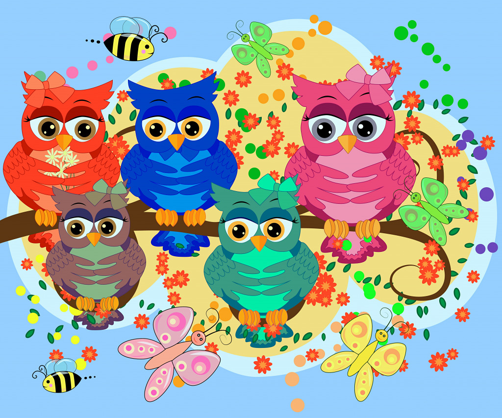 Corujas bonitos dos desenhos animados que sentam-se em um ramo de árvore jigsaw puzzle in Infantil puzzles on TheJigsawPuzzles.com