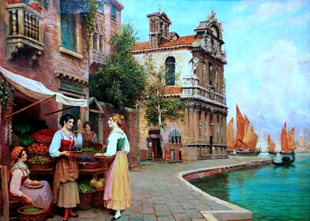 A Venetian Canalside Fruit Stall jigsaw puzzle in Piece of Art puzzles on TheJigsawPuzzles.com