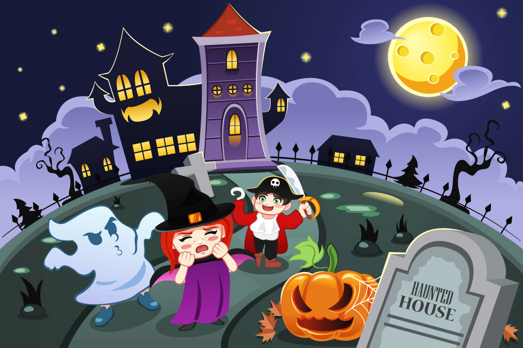 Children near a Haunted House jigsaw puzzle in Halloween puzzles on TheJigsawPuzzles.com