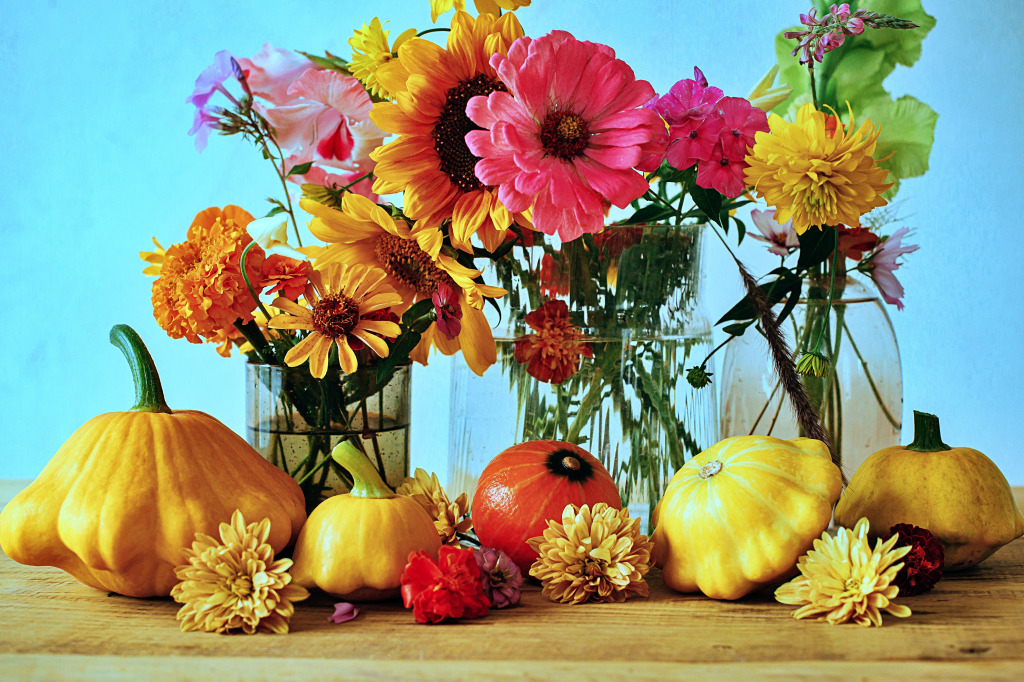 Autumn Flowers and Pumpkins on a Wooden Table jigsaw puzzle in Flowers puzzles on TheJigsawPuzzles.com