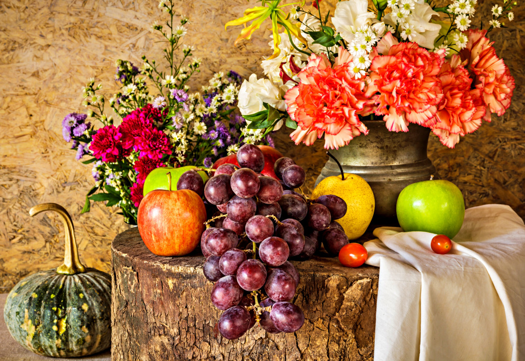 Still Life with Fruits and Flowers jigsaw puzzle in Fruits & Veggies puzzles on TheJigsawPuzzles.com