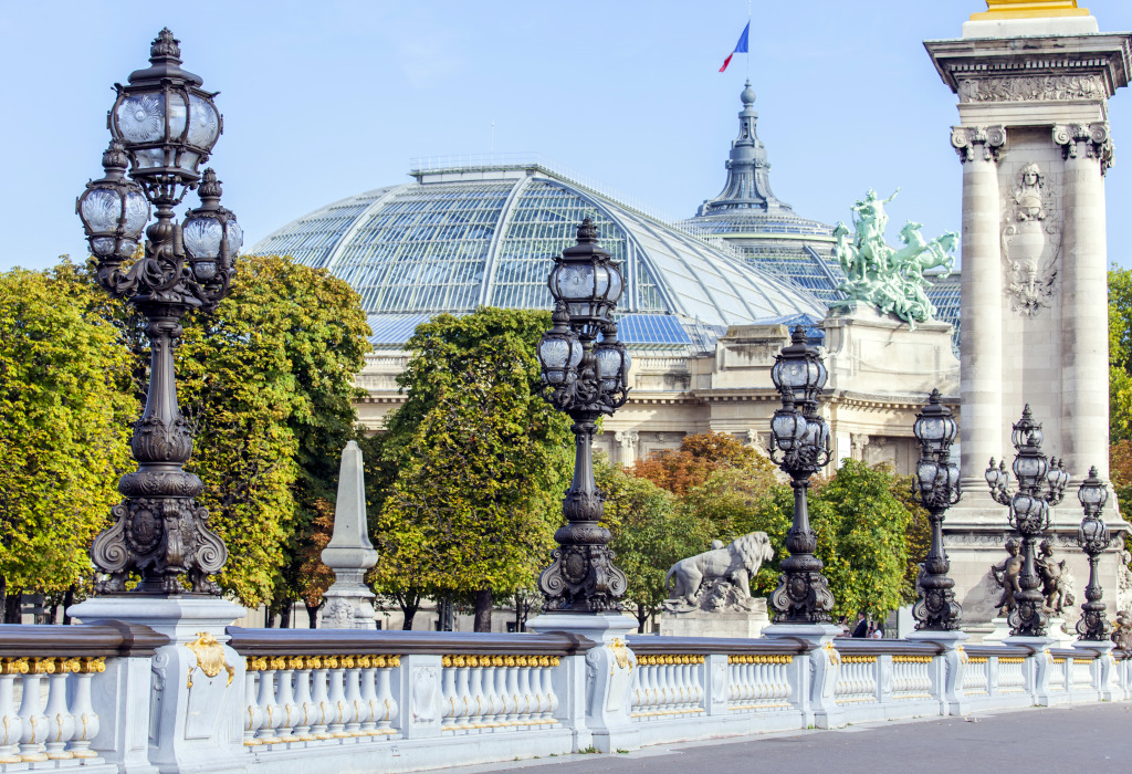 Straßenlaternen auf der Brücke Alexandre III., Paris jigsaw puzzle in Brücken puzzles on TheJigsawPuzzles.com