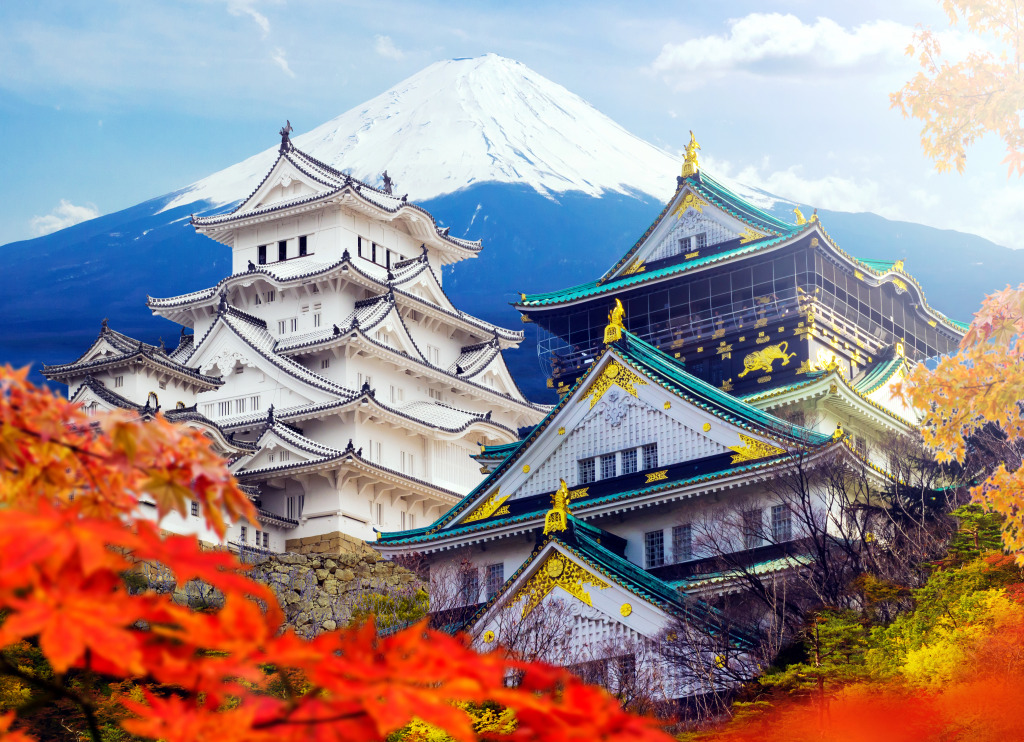 Burg Himeji und Berg Fuji im Herbst jigsaw puzzle in Schlösser puzzles on TheJigsawPuzzles.com