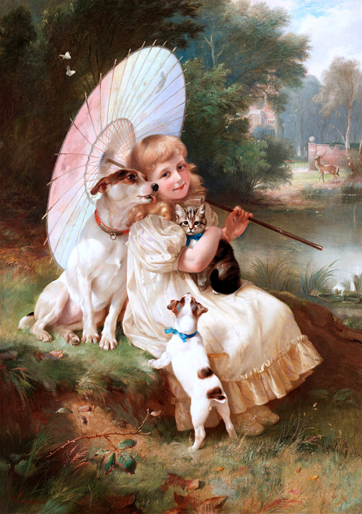 Une fille avec ses animaux de compagnie jigsaw puzzle in Chefs d'oeuvres puzzles on TheJigsawPuzzles.com