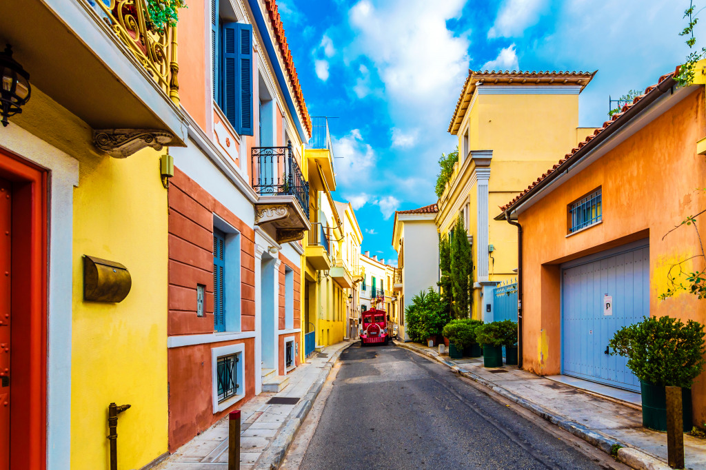 Colorful Facades on a Street in Plaka, Athens jigsaw puzzle in Street View puzzles on TheJigsawPuzzles.com