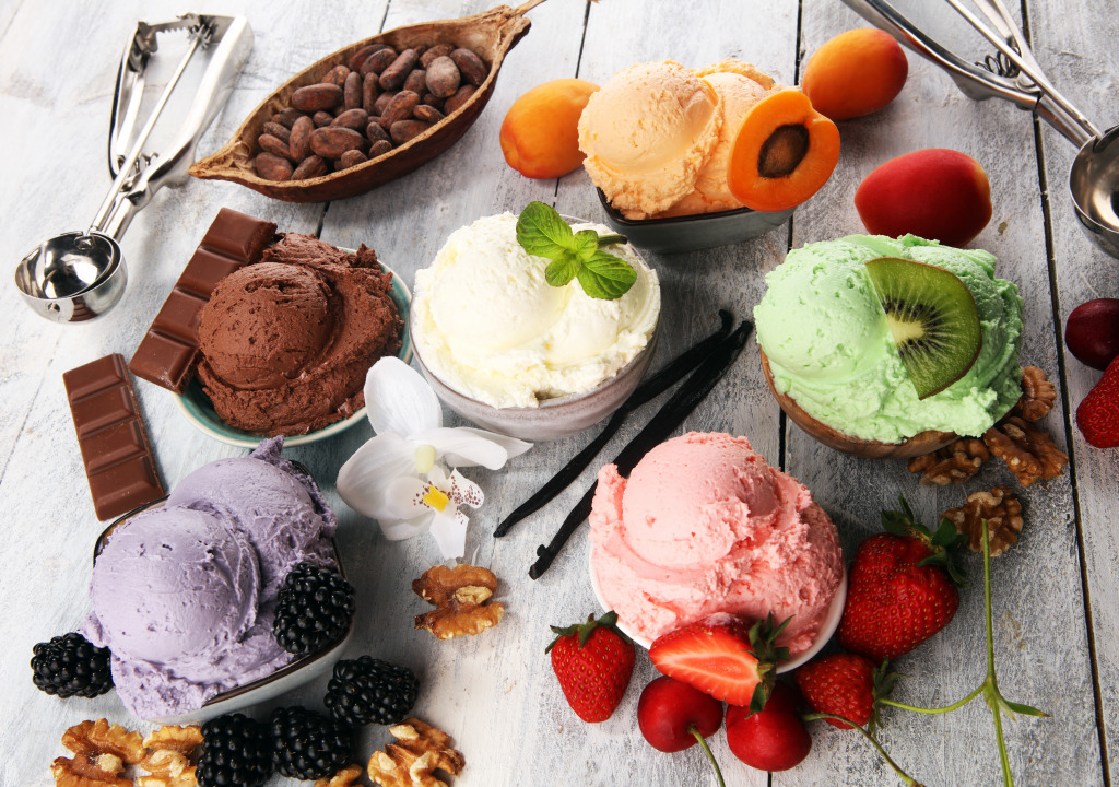 Ice Cream Scoops with Berries, Nuts and Fruits jigsaw puzzle in Food & Bakery puzzles on TheJigsawPuzzles.com