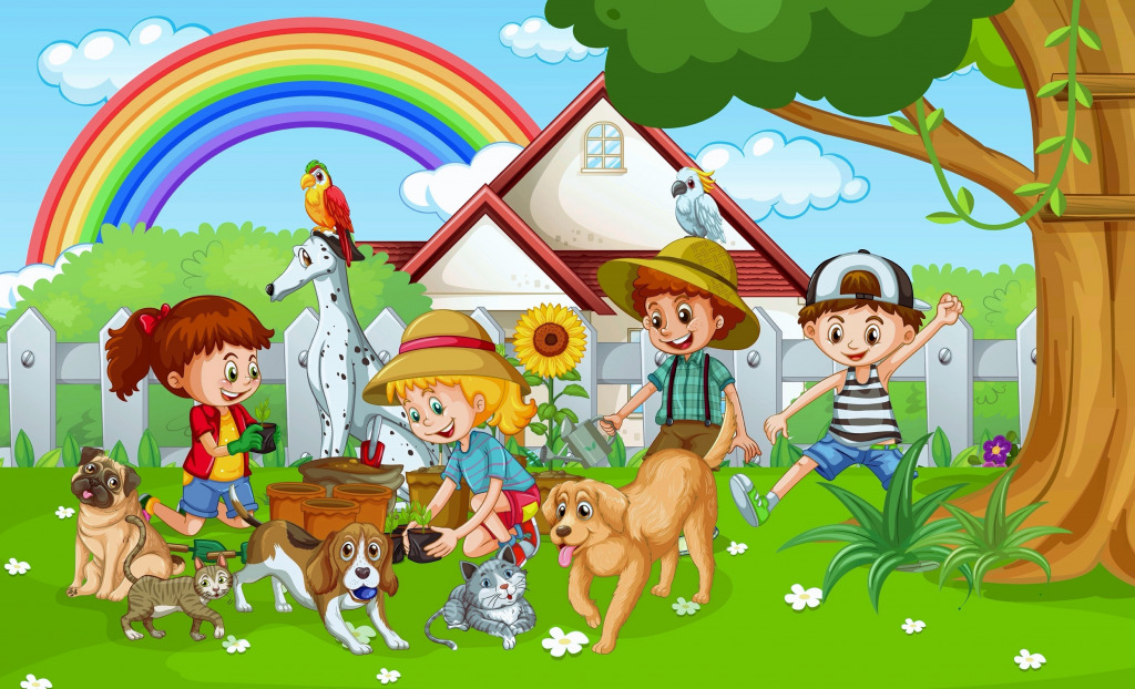 Kinder, die mit ihren Tieren spielen jigsaw puzzle in Kinder Puzzles puzzles on TheJigsawPuzzles.com