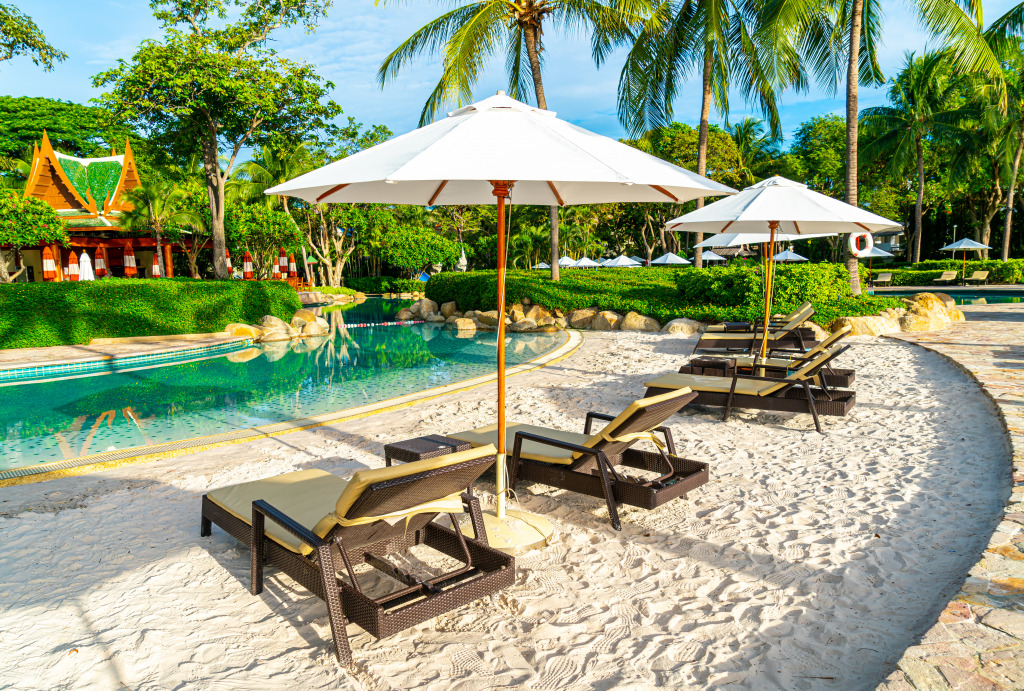 Umbrellas and Sun Loungers near the Outdoor Pool jigsaw puzzle in Great Sightings puzzles on TheJigsawPuzzles.com