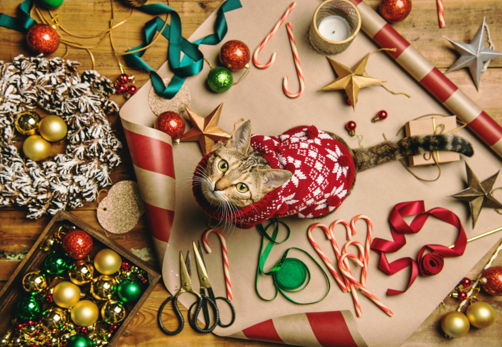 Cat in a Sweater among Christmas Tree Decorations jigsaw puzzle in ...