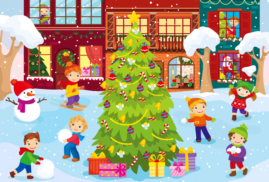 Winter Outdoor-Spaß rund um den Weihnachtsbaum jigsaw puzzle in Kinder Puzzles puzzles on TheJigsawPuzzles.com