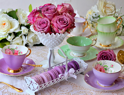 Vintage Tea Cup with Macarons and Roses