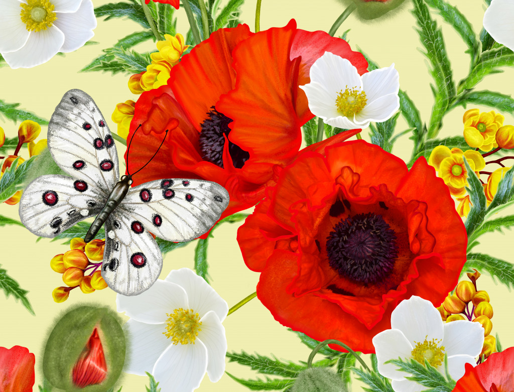 Mohn, Anemonen und Schmetterlinge jigsaw puzzle in Puzzle des Tages puzzles on TheJigsawPuzzles.com