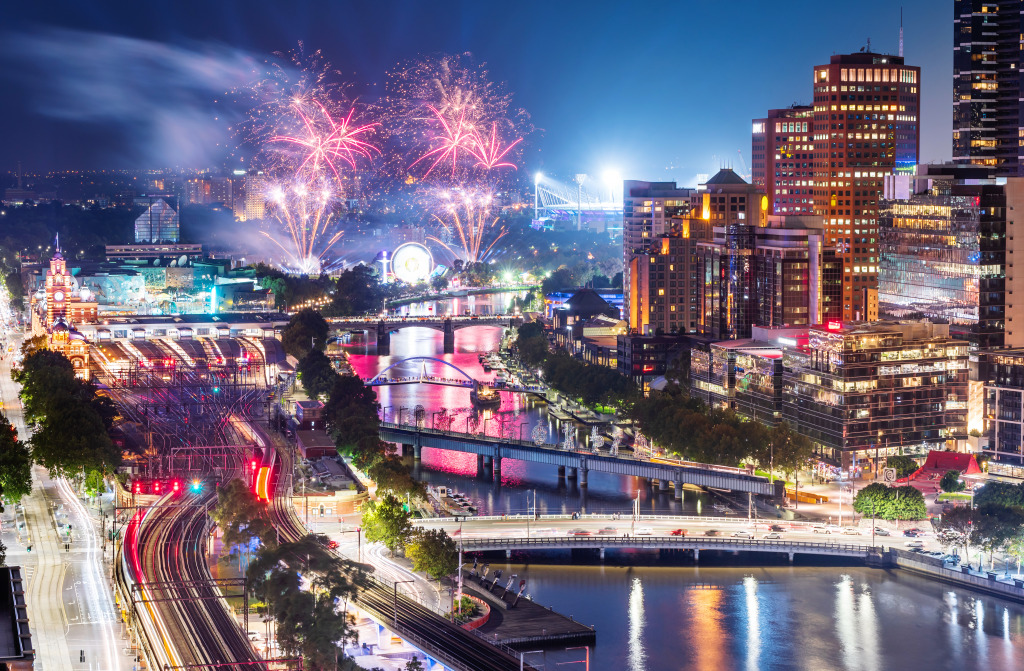 Fireworks over the Yarra River, Melbourne City jigsaw puzzle in Bridges puzzles on TheJigsawPuzzles.com