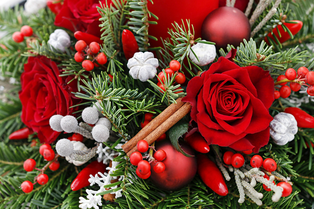 Weihnachtsdekoration mit roten Rosen jigsaw puzzle in Blumen puzzles on TheJigsawPuzzles.com