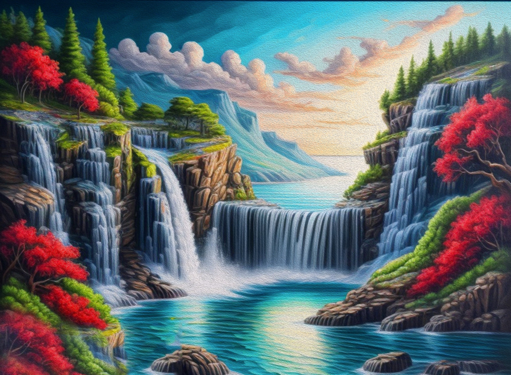 Picturesque Landscape with Waterfalls jigsaw puzzle in Waterfalls puzzles on TheJigsawPuzzles.com