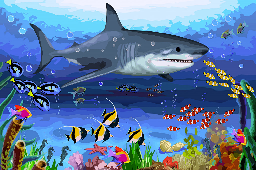 Hai und Herden von bunten Fischen Illustration jigsaw puzzle in Unter dem Meer puzzles on TheJigsawPuzzles.com