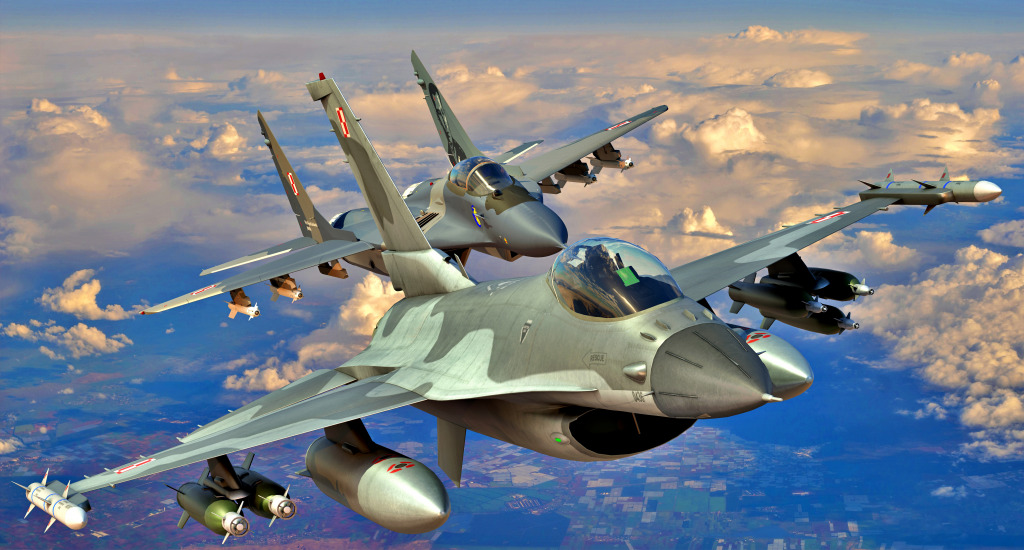 F-16 dans un vol conjoint avec le Mig-29 jigsaw puzzle in Aviation puzzles on TheJigsawPuzzles.com