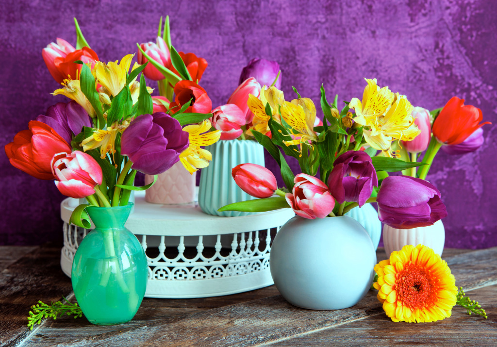 Multicolored Tulips on a Purple Background jigsaw puzzle in Flowers puzzles on TheJigsawPuzzles.com