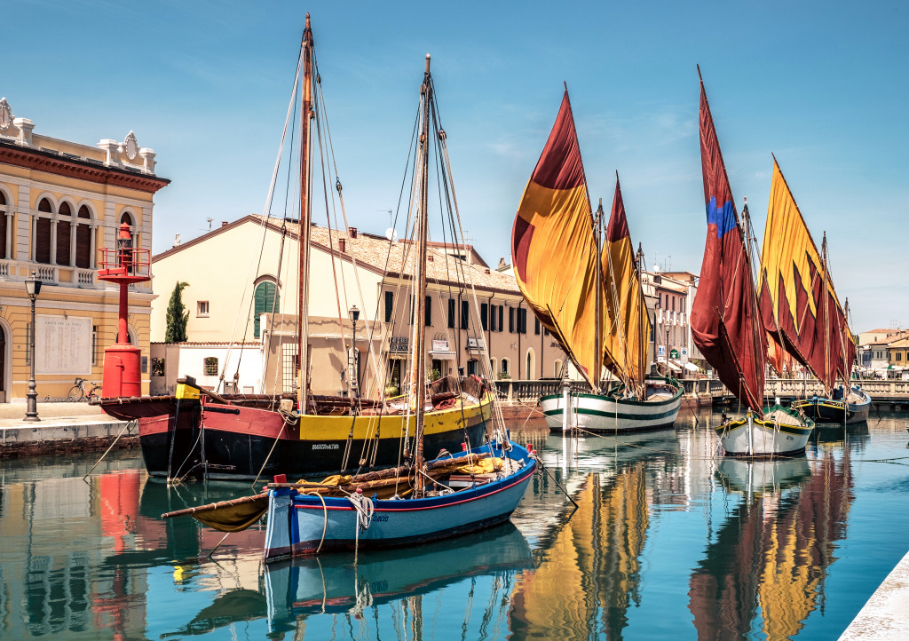 Old Fishing Sailboats in the Port of Cesenatico jigsaw puzzle in Street View puzzles on TheJigsawPuzzles.com