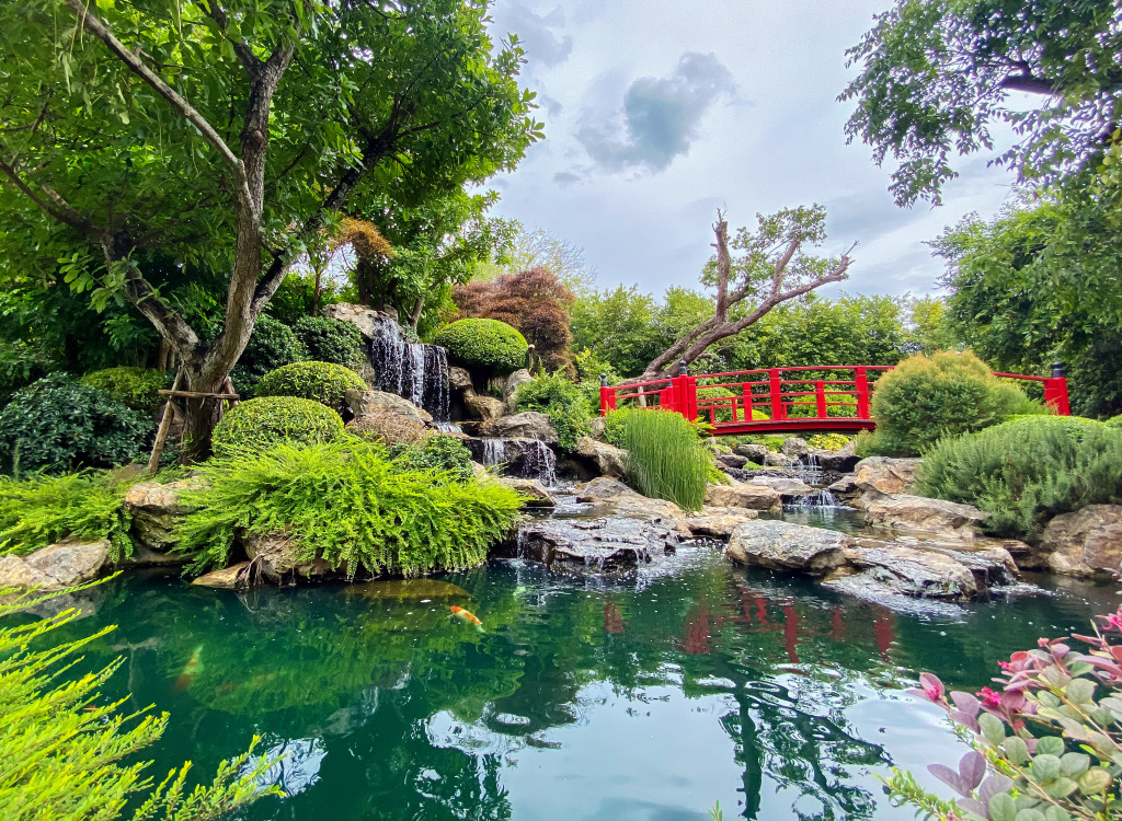 Cascade et pont rouge dans le jardin tropical jigsaw puzzle in Chutes d'eau puzzles on TheJigsawPuzzles.com