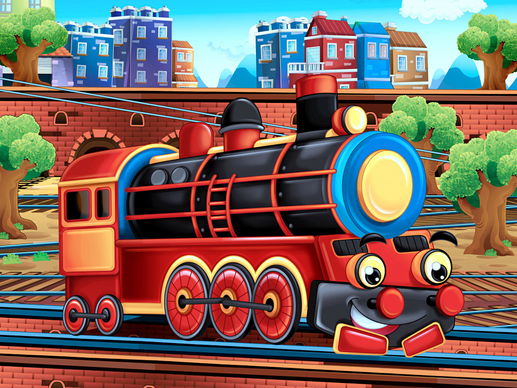 Funny Cartoon Steam Locomotive at the Station jigsaw puzzle in Kids Puzzles puzzles on TheJigsawPuzzles.com