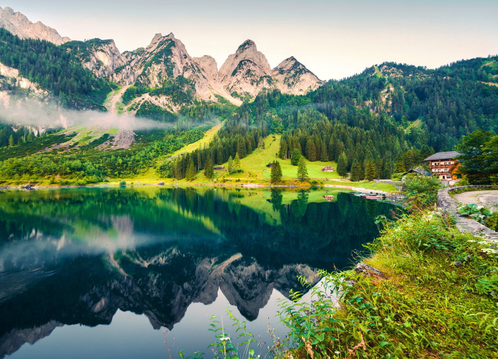 Foggy Summer Morning in the Gosau Valley, Austria jigsaw puzzle in Great Sightings puzzles on TheJigsawPuzzles.com