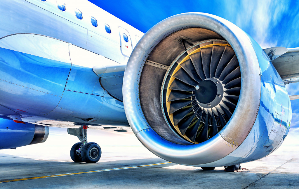 Jet Engine of an Airplane against the Sky jigsaw puzzle in Aviation puzzles on TheJigsawPuzzles.com